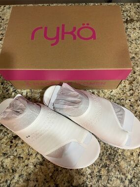 Ryka Women’s White Slide Sandals with Stretch Upper